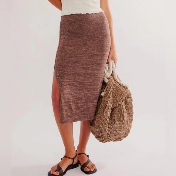 Free People Olive Green Midi Comfortable Elastic Stretch Skirt Size Medium - Picture 2 of 14